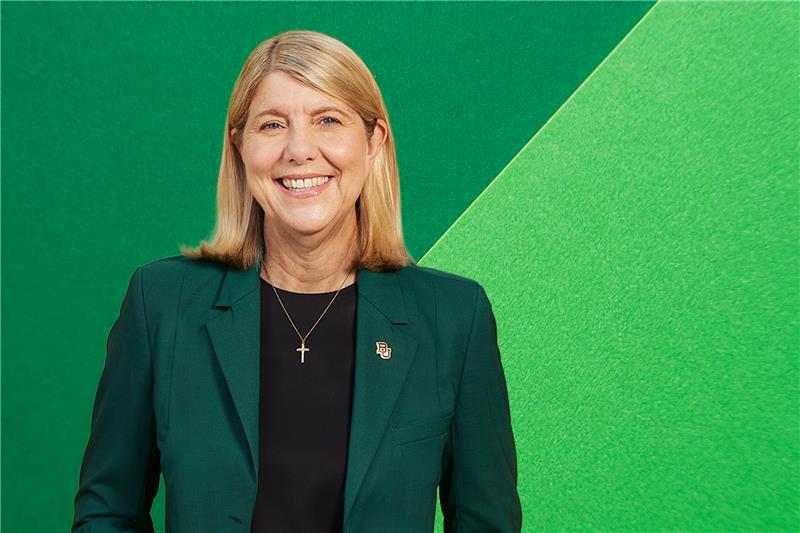  Baylor Connections backdrop with headshot of President Livingstone