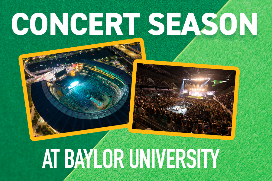 Connections graphic with images of concerts at Foster Pavilion and McLane Stadium